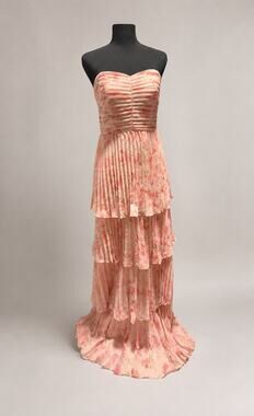 AW Bridal Pink Floral Strapless Tiered Pleated Maxi Gown Size 8